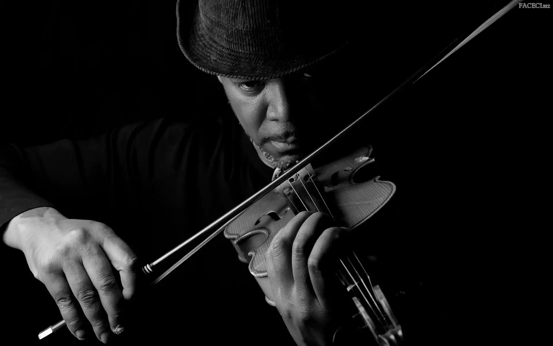 Kapelusz, Czarno-białe, Mężczyzna, Skrzypce